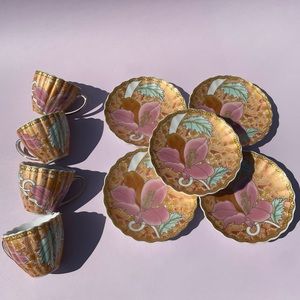 Gold and pink floral tea and espresso cup and saucers set of five